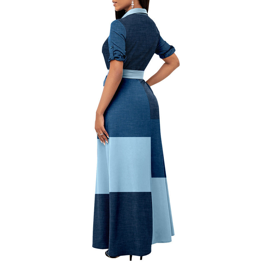 Damen Maxikleid Hemdblusenstil mit Taillengürtel und Blockpatch-Design Drune