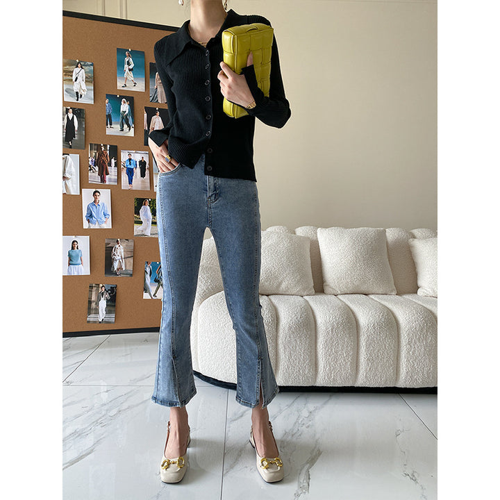 Damen Elegantes Strickoberteil mit großem Kragen Drune