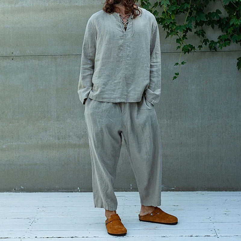 Herren Lockeres Leinen‑Look Freizeitset mit Schnürkragen und weiten Haremshosen Drune