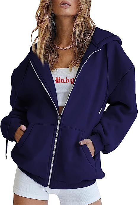 Damen nan oversized Kapuzenjacke mit durchgehendem Reißverschluss Kängurutaschen und weichem Sweatmaterial Drune