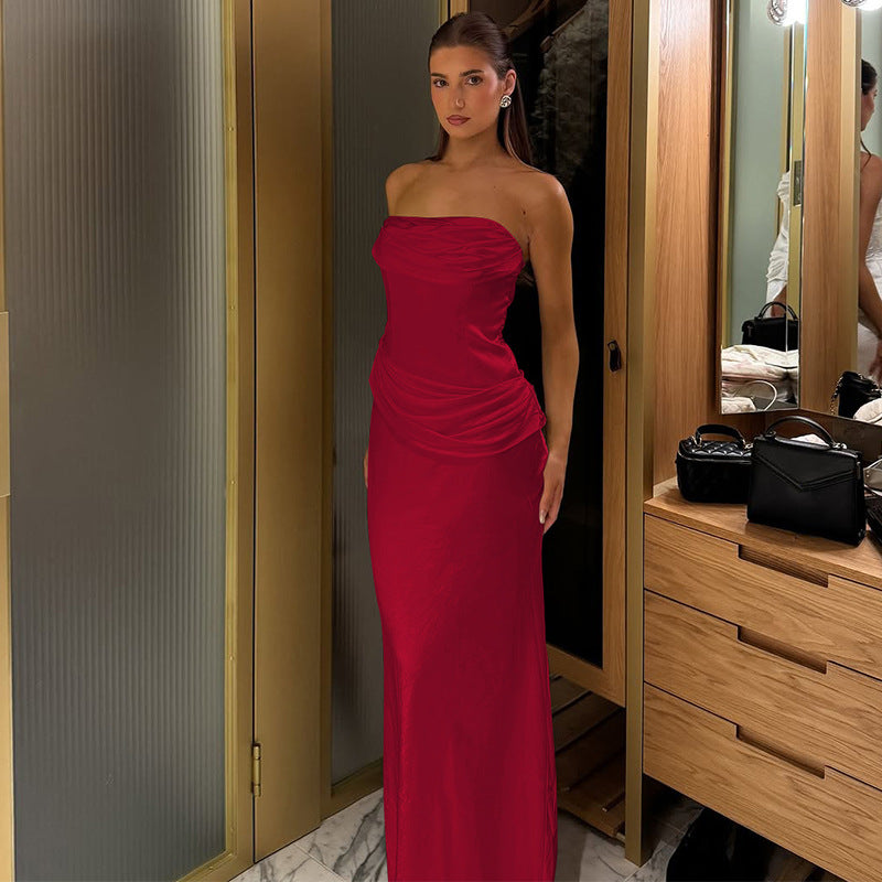 Damen elegantes Maxikleid mit raffiniertem Drapé und schulterfreiem Design Drune