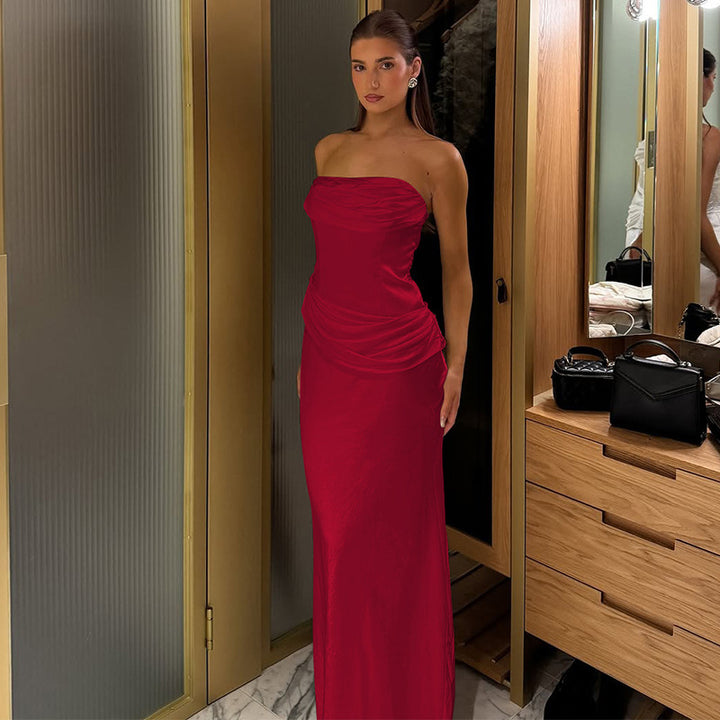 Damen elegantes Maxikleid mit raffiniertem Drapé und schulterfreiem Design Drune