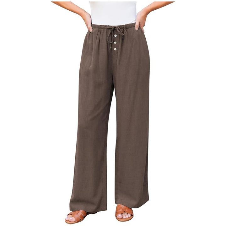 Damen weite Leinenhose mit elastischem Bund, Kordelzug und Knopfleiste Drune