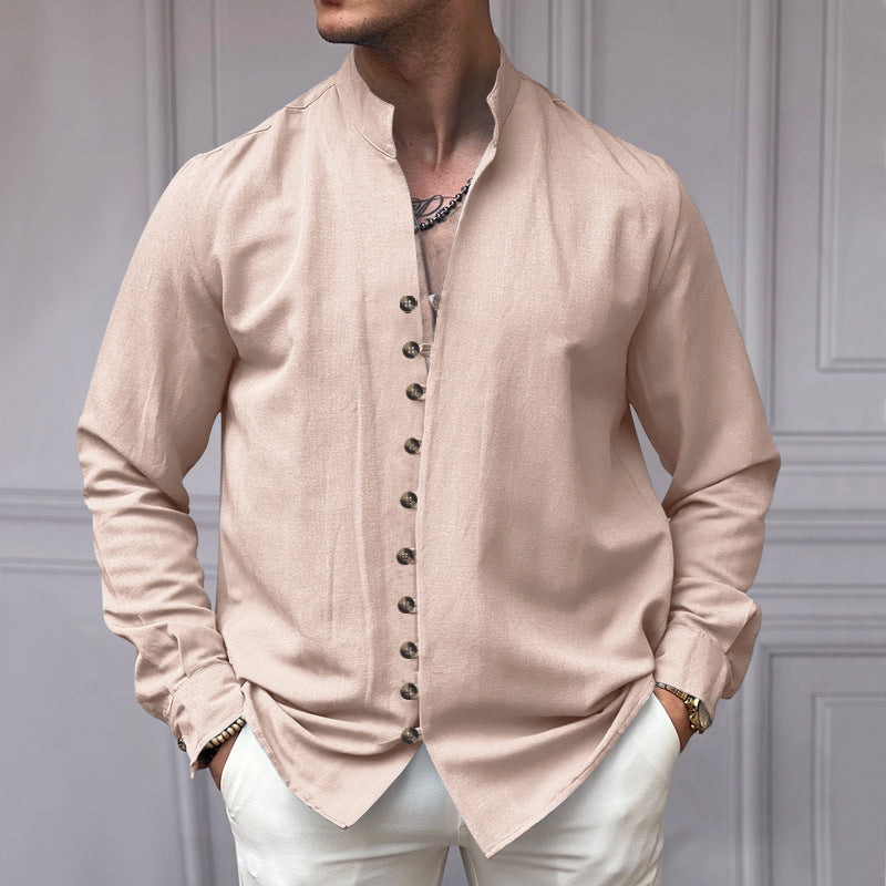 Herren nan elegantes Langarm-Leinenhemd mit Stehkragen asymmetrischer Knopfleiste und schmaler Passform Drune