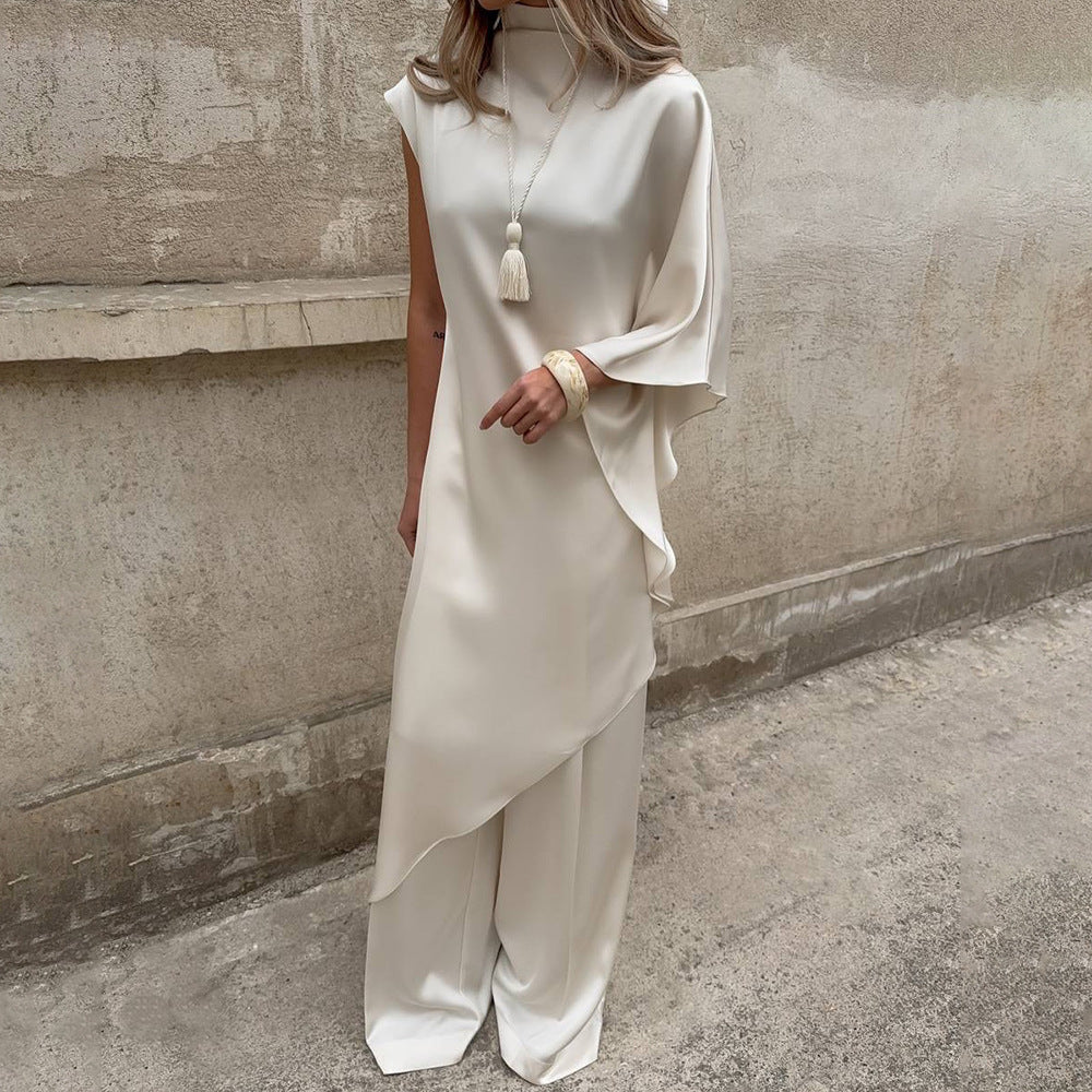 Damen Elegantes asymmetrisches Kleid mit hohem Kragen und seitlichem Schwung Drune