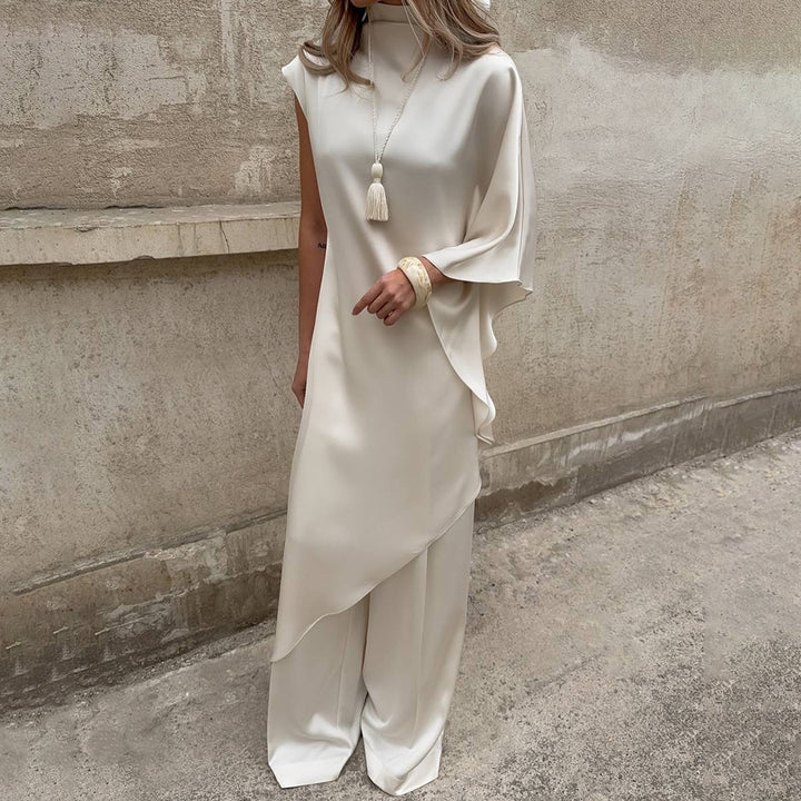 Damen Elegantes asymmetrisches Kleid mit hohem Kragen und seitlichem Schwung Drune