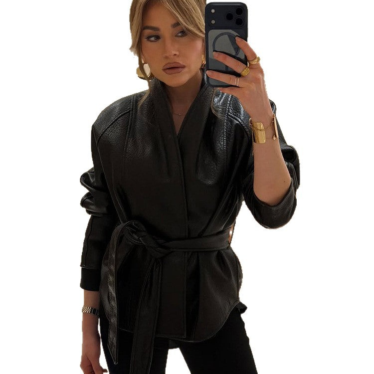Damen Taillierte Lederjacke mit Wickelgürtel und Kimono-Kragen Drune