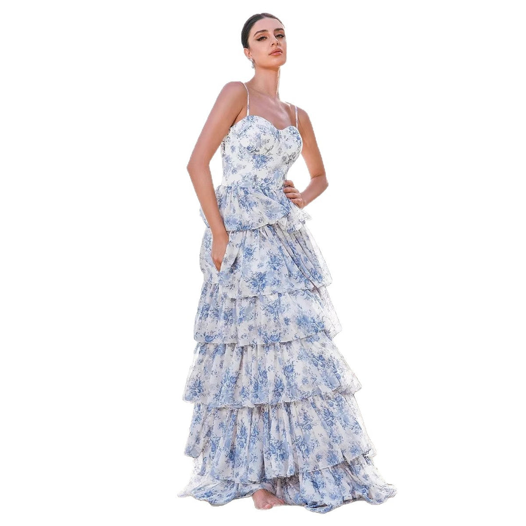 Damen Boho-Chic Maxikleid mit floralen Volant-Details und herzförmigem Ausschnitt Drune