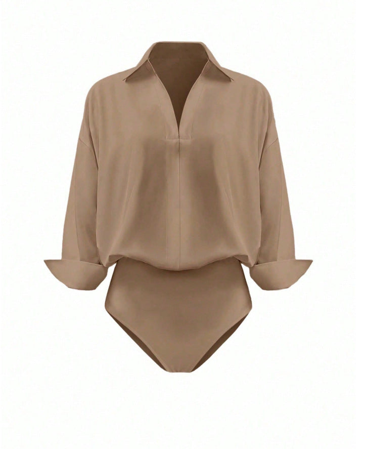 Damen Eleganter Hemdblusen-Body mit V-Ausschnitt, Oversize‑Schnitt und Umschlagmanschetten Drune