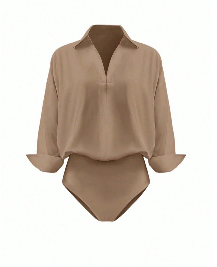 Damen Eleganter Hemdblusen-Body mit V-Ausschnitt, Oversize‑Schnitt und Umschlagmanschetten Drune