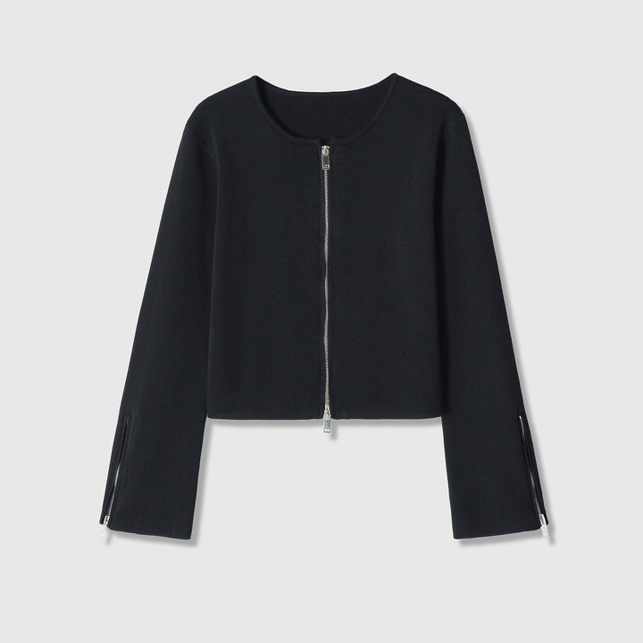 Damen Kurzgeschnittene Feinstrick-Jacke mit Zwei-Wege-Reißverschluss und Ärmelzipper Drune