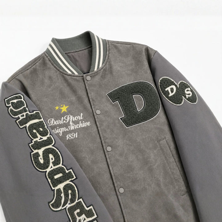 Herren Varsity-Bomberjacke im College-Stil aus Lederimitat mit Applikationen Drune