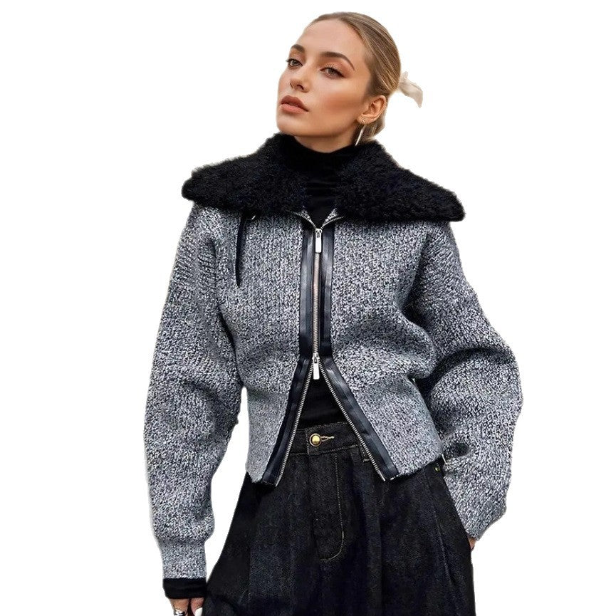 Damen Strickjacke mit kontrastierendem Kragen und seitlichem Reißverschluss Drune