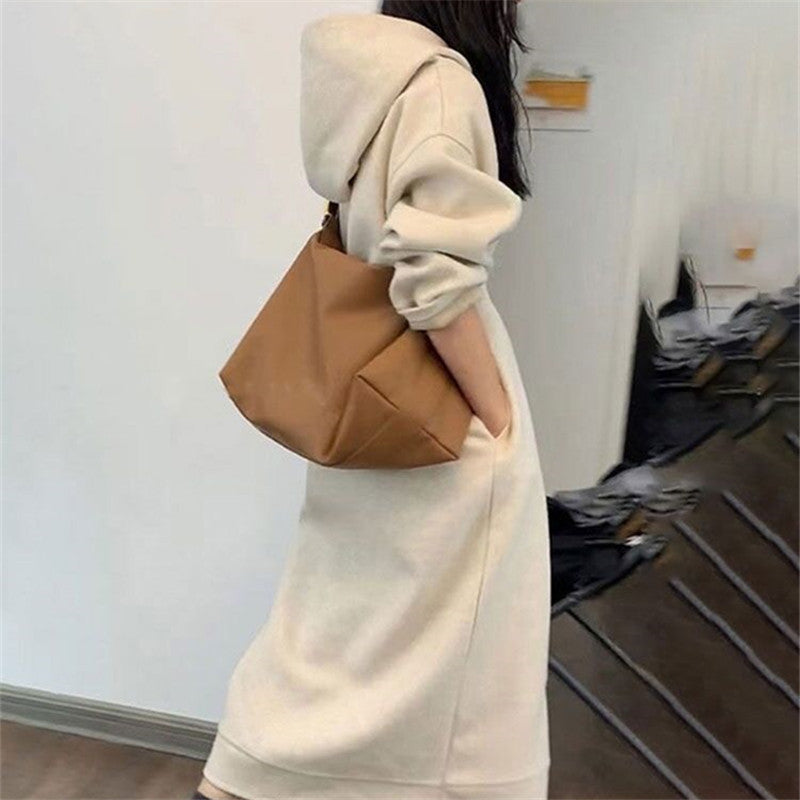 Damen Langes Oversize-Kapuzen-Sweatkleid mit Eingrifftaschen und legerer Maxi-Silhouette Drune