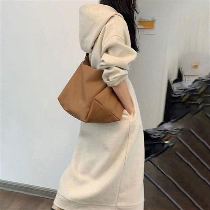 Damen Langes Oversize-Kapuzen-Sweatkleid mit Eingrifftaschen und legerer Maxi-Silhouette Drune