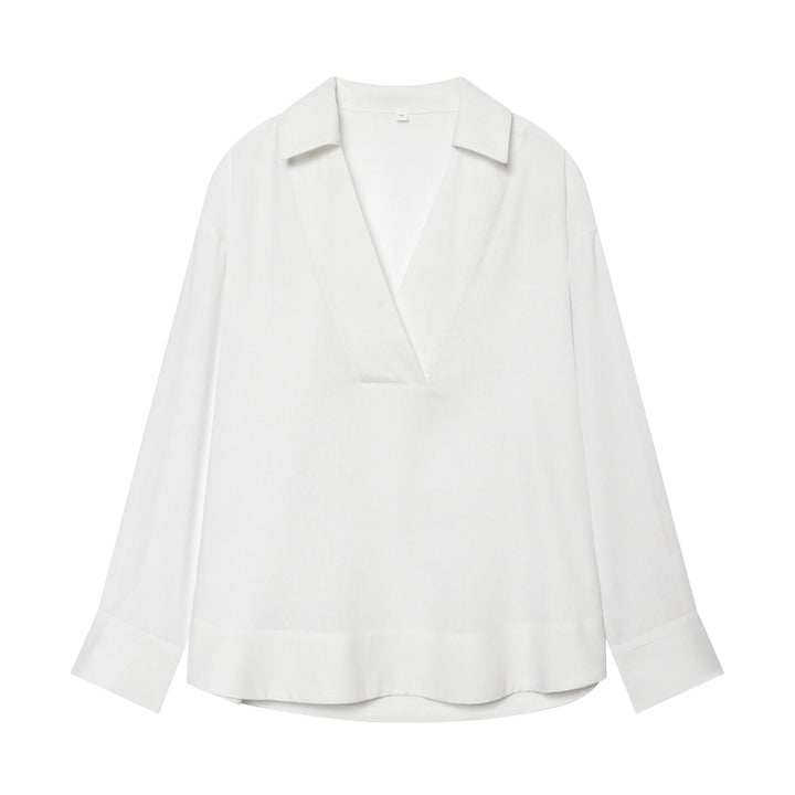 Damen Locker fallende Leinenoptik Bluse mit V‑Ausschnitt, Hemdkragen und Umschlagmanschetten Drune