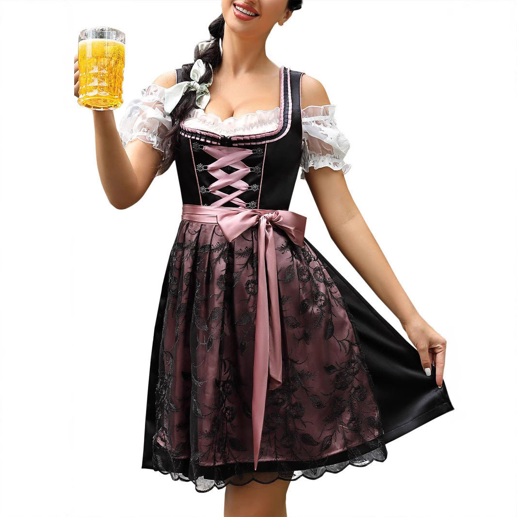 Damen  kurzes Dirndl Trachtenkleid mit Schnürung, Spitzenärmel und dekorativer Schürze Drune
