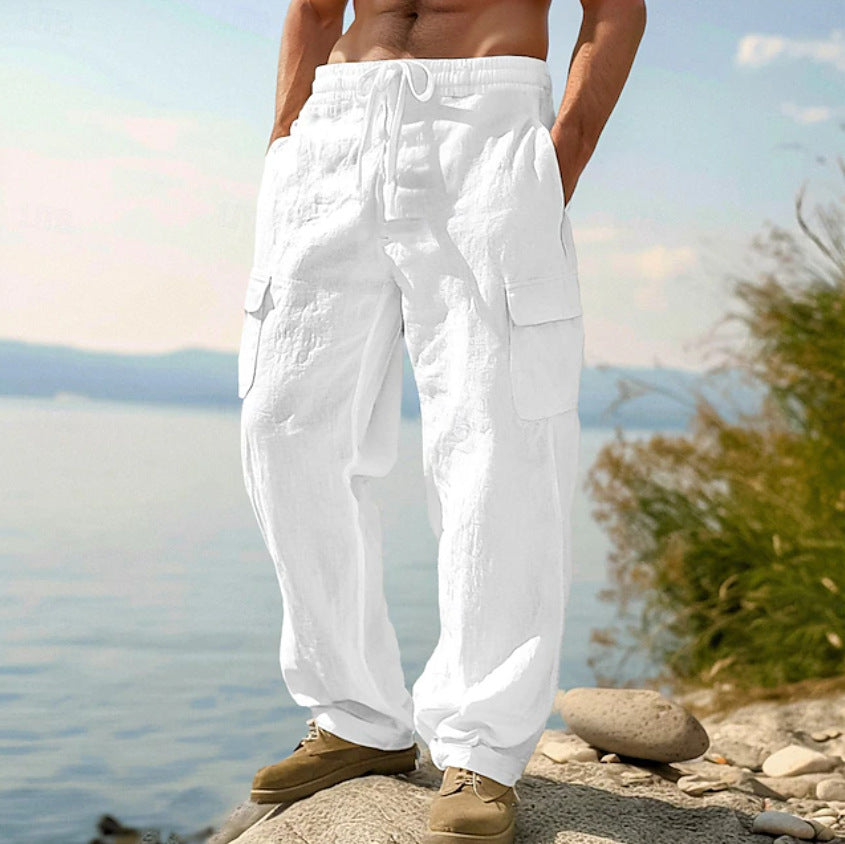 Herren weite Casual-Cargohose aus Leinen-Baumwollmix mit Elastikbund, Tunnelzug und großen Pattentaschen Drune