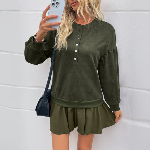 Damen Velours-Henley-Sweatshirt mit Raglan-Ärmeln und Ballonärmeln Drune