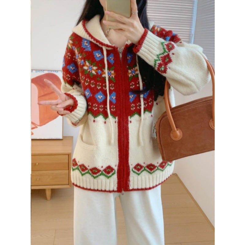 Damen Hübsche Strickjacke mit farbenfrohem Muster und Taschen Drune