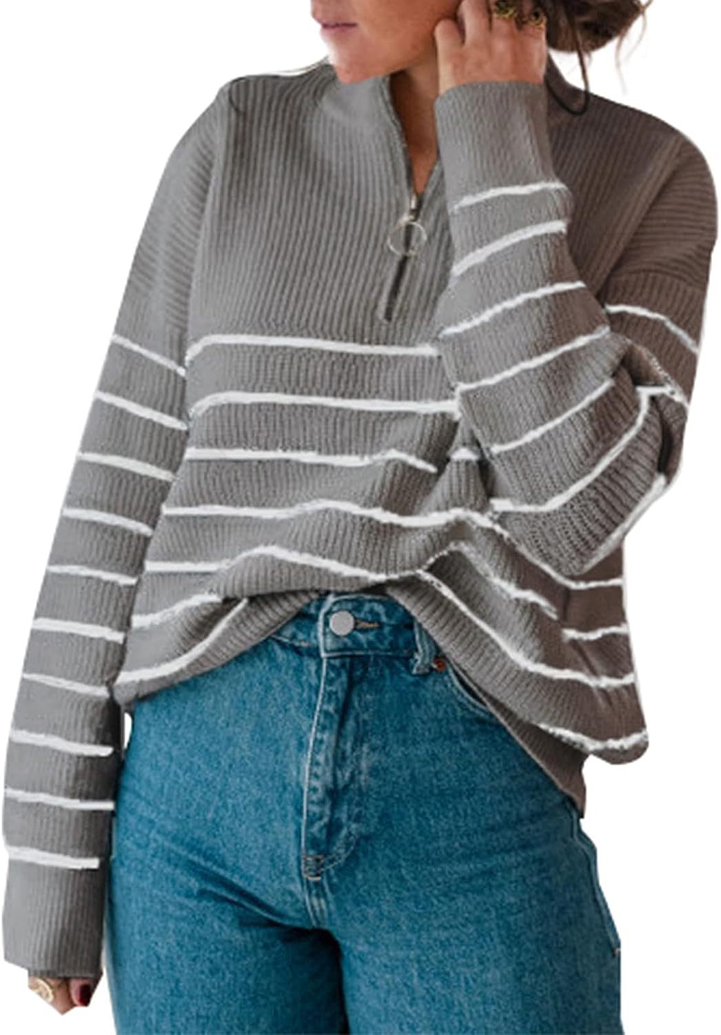 Damen lässiger Pullover mit kurzem Reißverschluss und Streifenmuster Drune