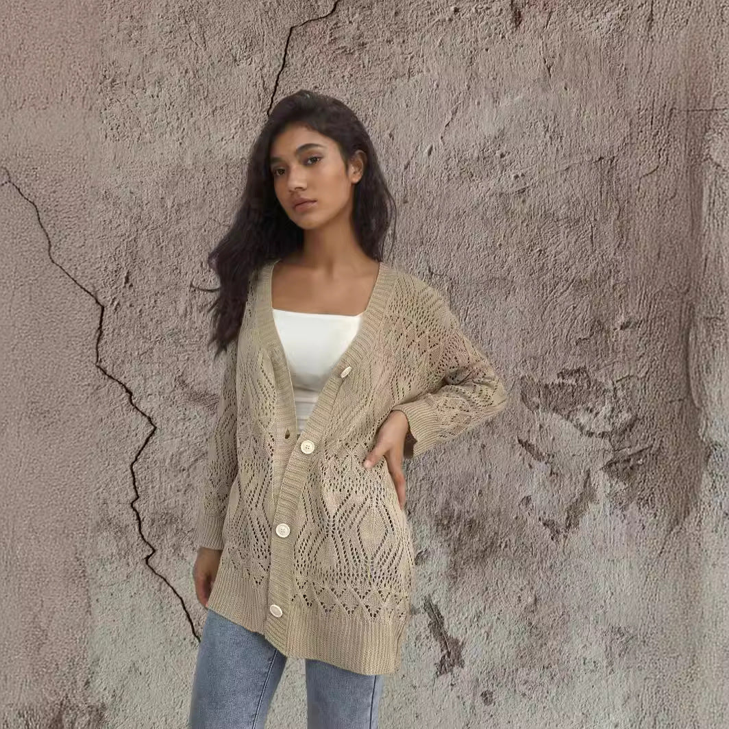 Damen Strickcardigan mit luftigen Mustern und Knopfdetails Drune