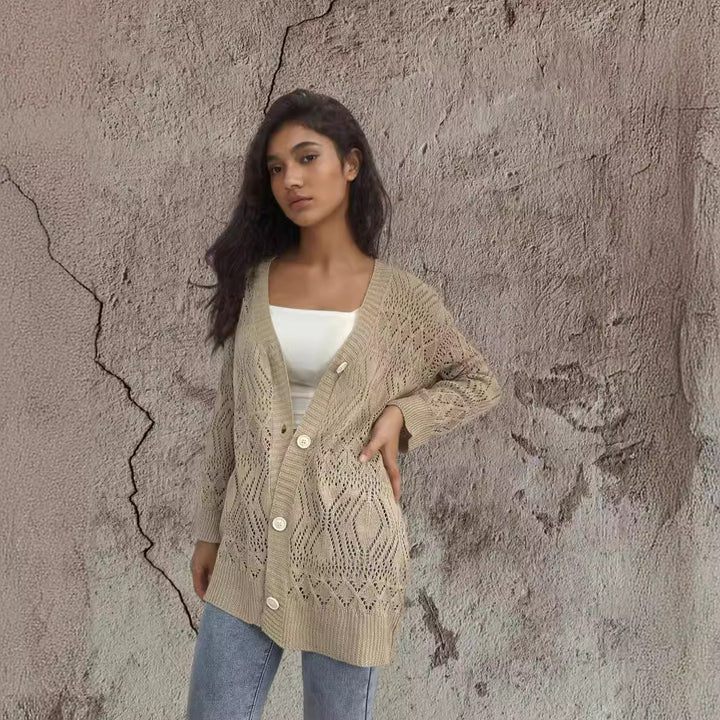 Damen Strickcardigan mit luftigen Mustern und Knopfdetails Drune