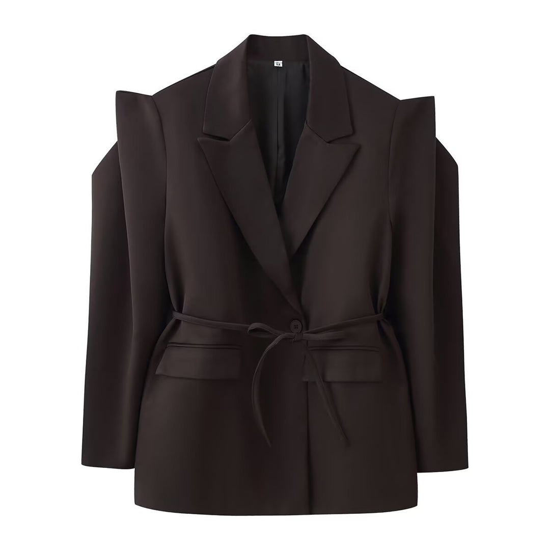 Damen Blazer mit Cut-Out‑Schultern, Taillengürtel und Pattentaschen Drune