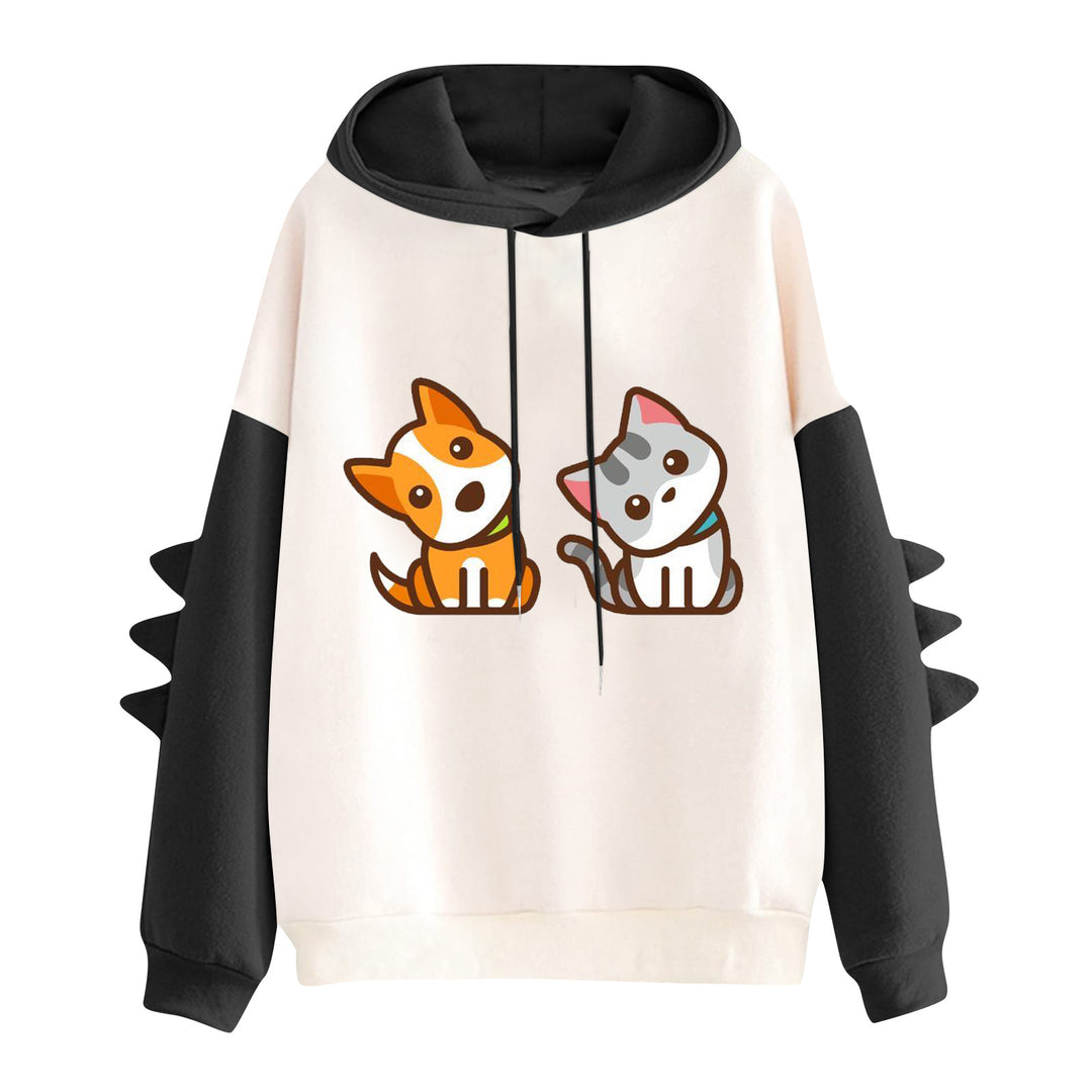Damen nan Kapuzenpullover mit niedlichem Hunde‑und‑Katzen‑Print und 3D-Stacheln an den Ärmeln Drune