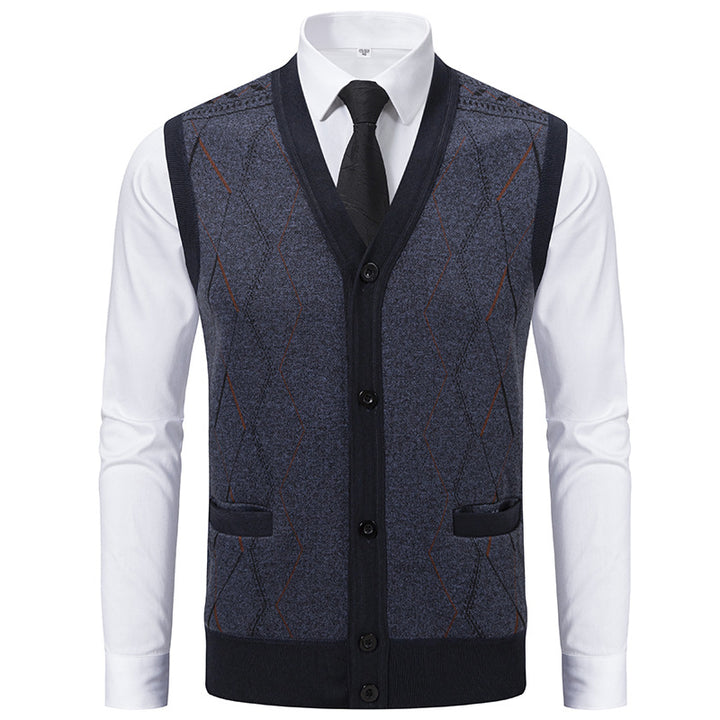 Herren Ärmellose Strickweste mit Rauten‑Muster, V‑Ausschnitt und Knopfleiste Drune
