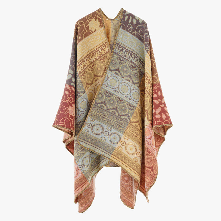 Damen Jacquard-Cape mit geometrischem Ornamentmuster und kontrastierter Kettelnaht Drune