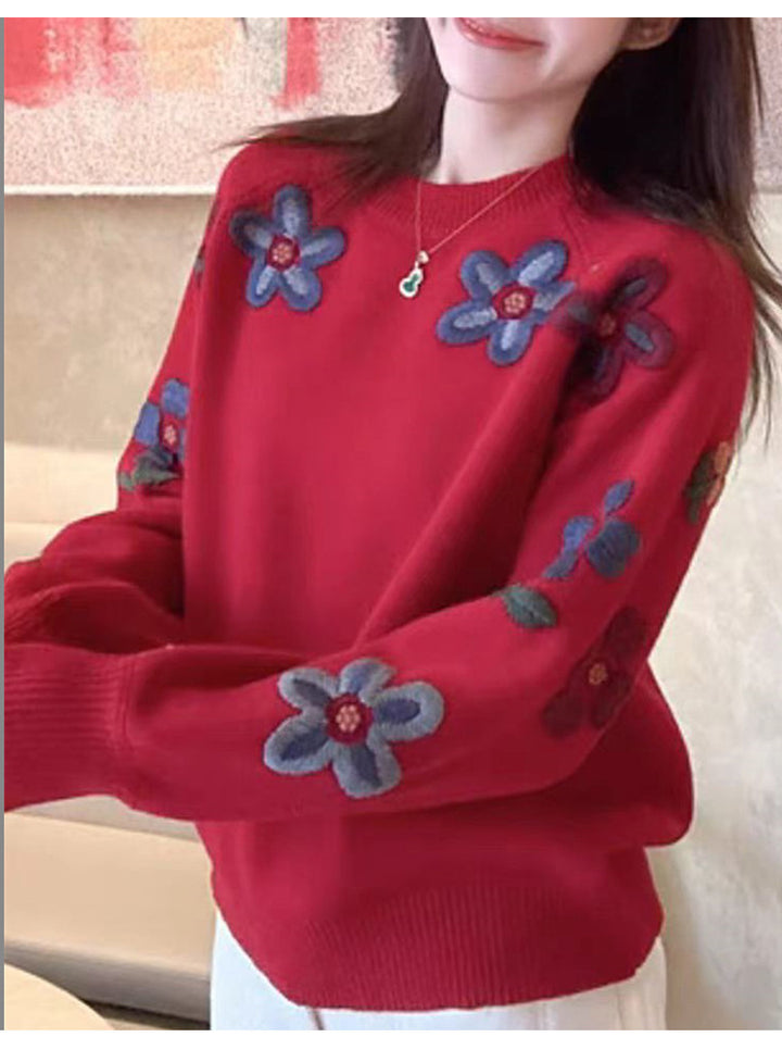 Damen Eleganter Strickpullover mit floralem Stickdesign und lässigem Schnitt Drune