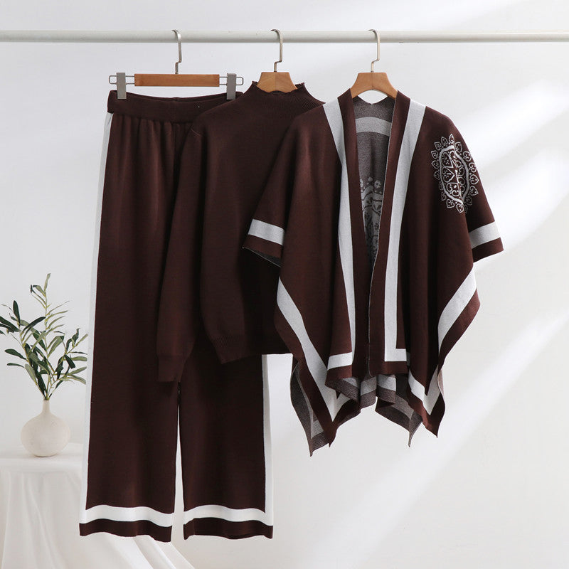 Damen elegantes Strick-Loungewear-Set mit grafischem Muster und weiten Ärmeln Drune