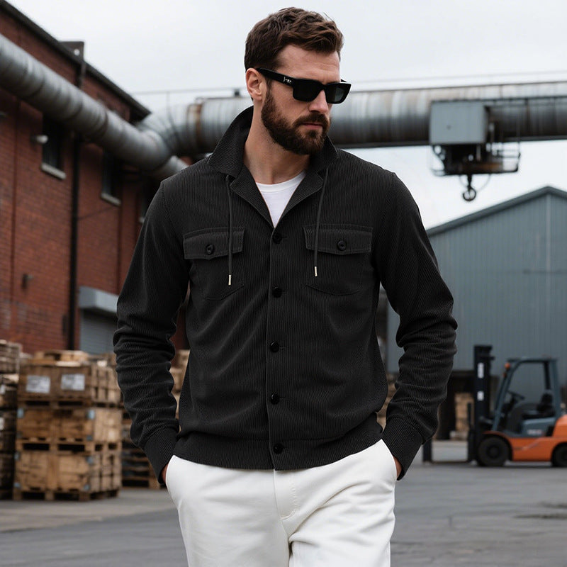 Herren nan gerippte Cord-Überhemdjacke mit Kapuze, Brustklappen und durchgehender Knopfleiste Drune