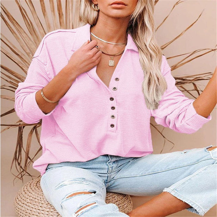 Damen nan lässiges Waffel-Polohemd mit Henley-Knopfleiste und überschnittener Schulter Drune