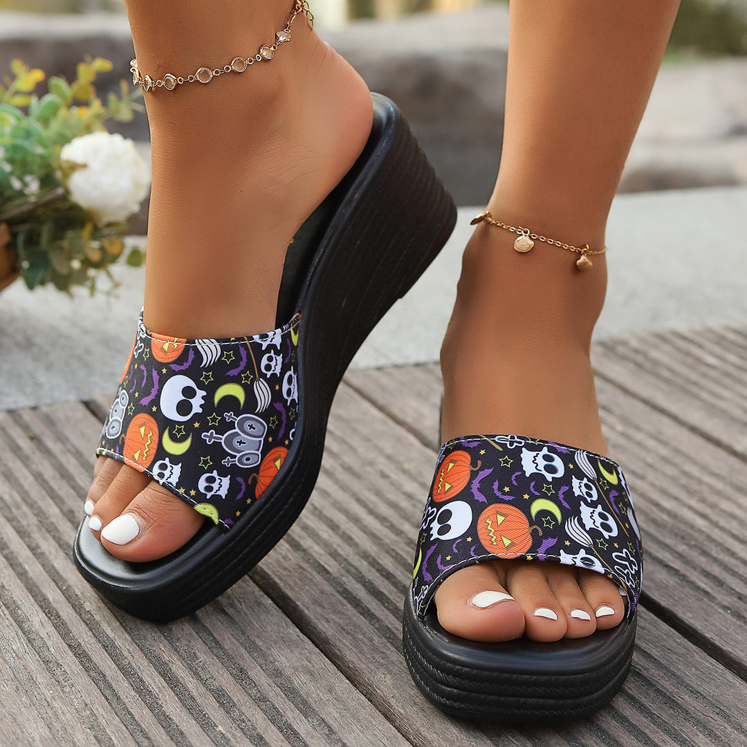 Damen Wedge-Pantoletten mit lässigem Halloween-Motiv und rutschfester Sohle Drune