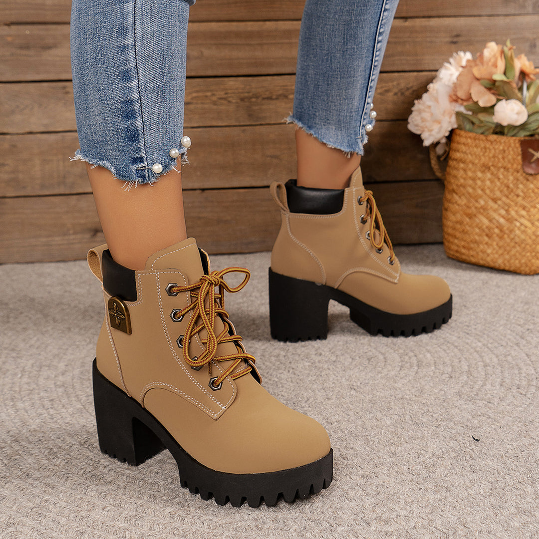 Damen nan knöchelhohe Schnürstiefelette mit robustem Profilabsatz und gepolstertem Schaft Drune