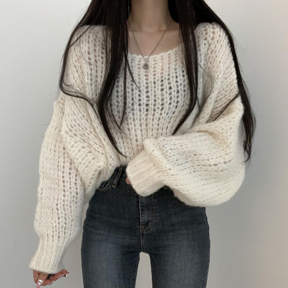Damen lässiger Strickpullover mit voluminösen Puffärmeln und offener Strickstruktur Drune