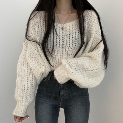 Damen lässiger Strickpullover mit voluminösen Puffärmeln und offener Strickstruktur Drune
