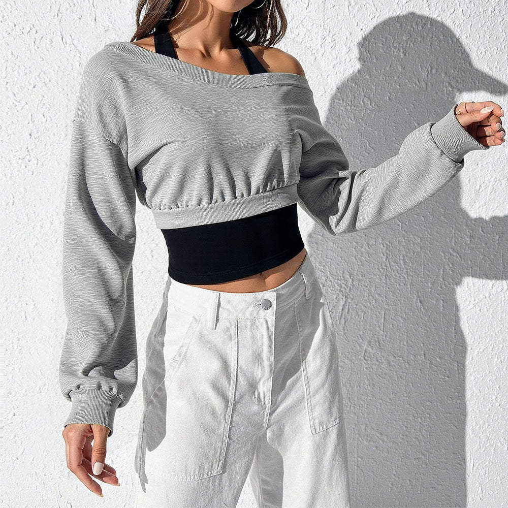 Damen cropped Sweatshirt mit weitem Carmen‑Ausschnitt, ballonärmeln und gerafftem Bund Drune