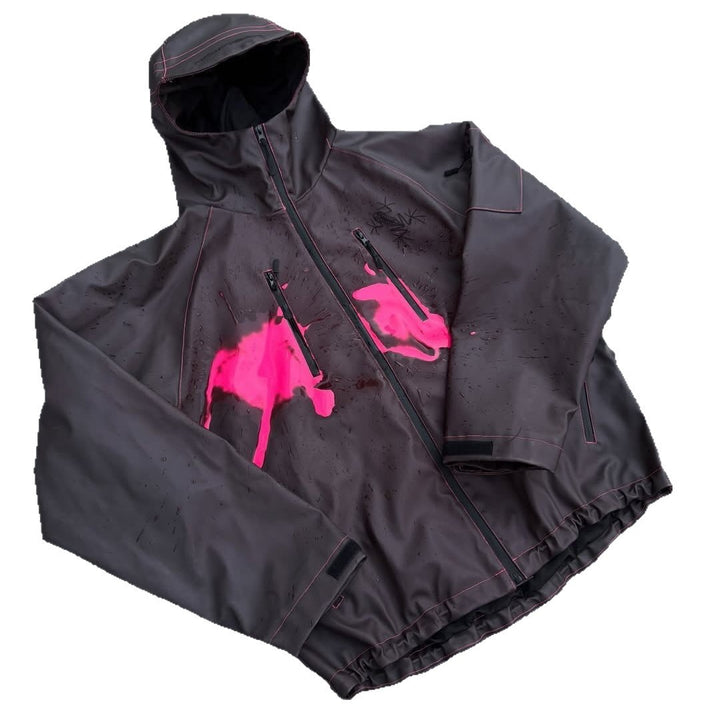 Damen nan wasserdichte Kapuzenjacke mit Spritzdruck-Design, vertikalen Reißverschlusstaschen und verstellbarem Saum Drune