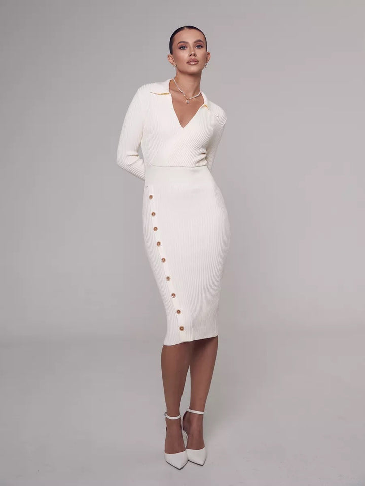 Damen Strickkleid mit klassischem Kragen und Knopfdetails Drune