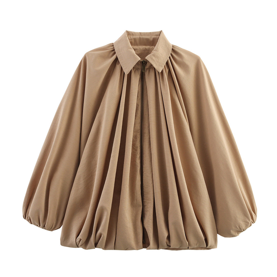 Damen nan oversize geraffte Bluse mit Ballonärmeln und Frontreißverschluss Drune