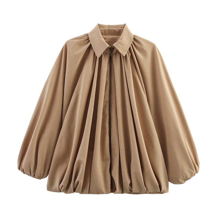 Damen nan oversize geraffte Bluse mit Ballonärmeln und Frontreißverschluss Drune