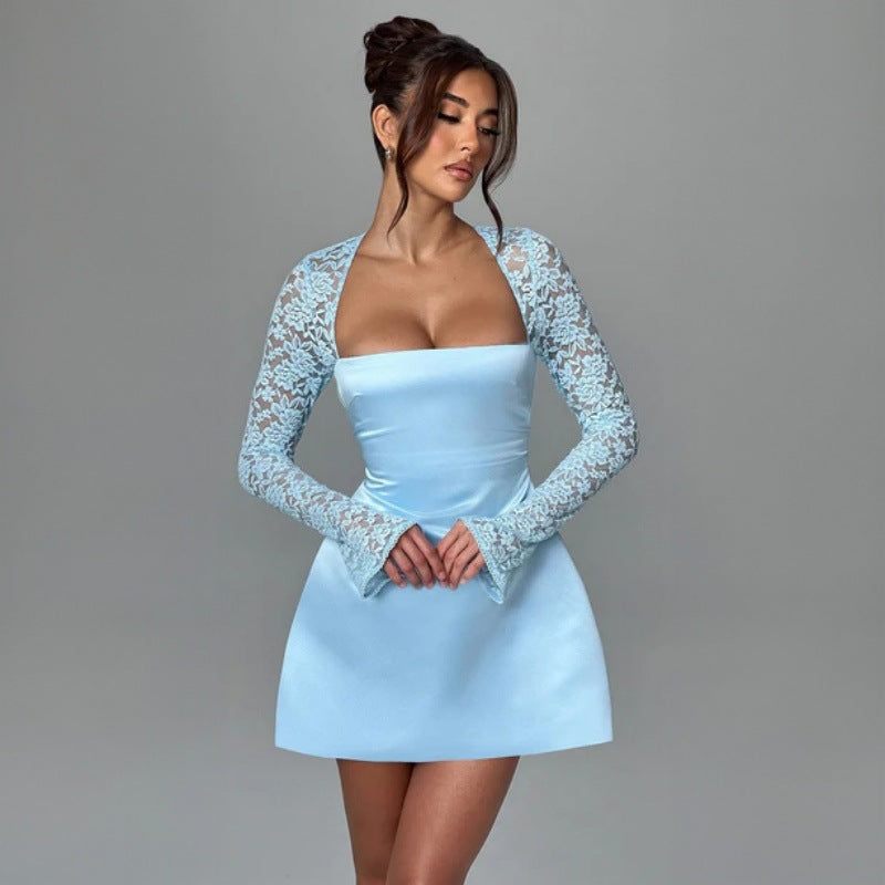 Damen elegantes Kleid mit luxuriösen Spitzenärmel und schickem Rückenverschluss Drune