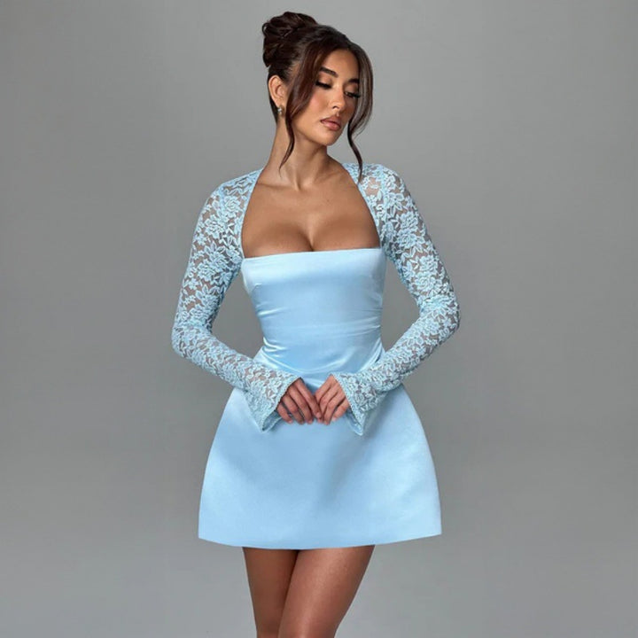 Damen elegantes Kleid mit luxuriösen Spitzenärmel und schickem Rückenverschluss Drune