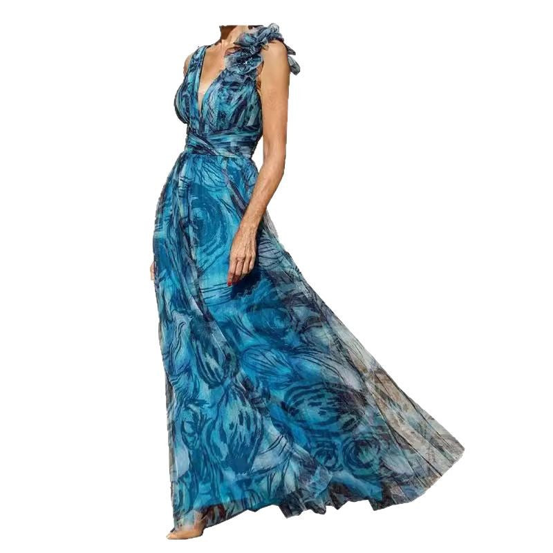 Damen Maxikleid mit romantischen Volantärmeln und floralem Transparenzstoff Drune