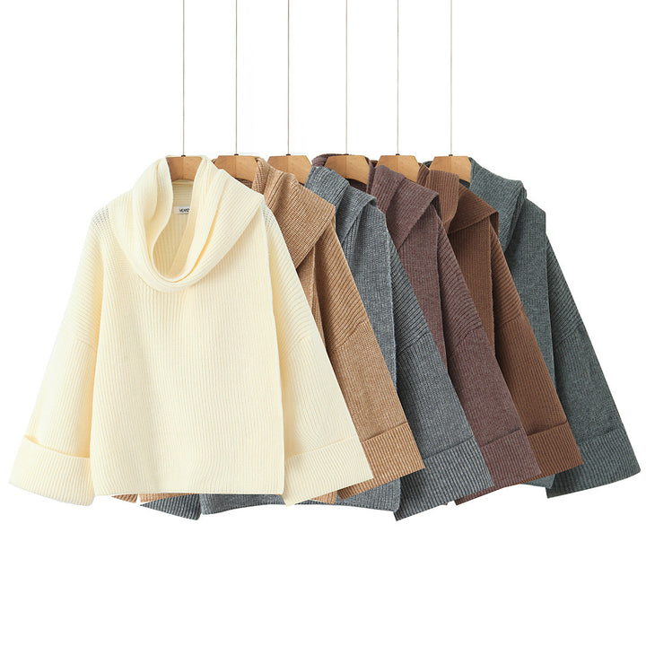 Damen Boxy-Cropped Grobstrick-Pullover mit voluminösem Schalkragen Drune