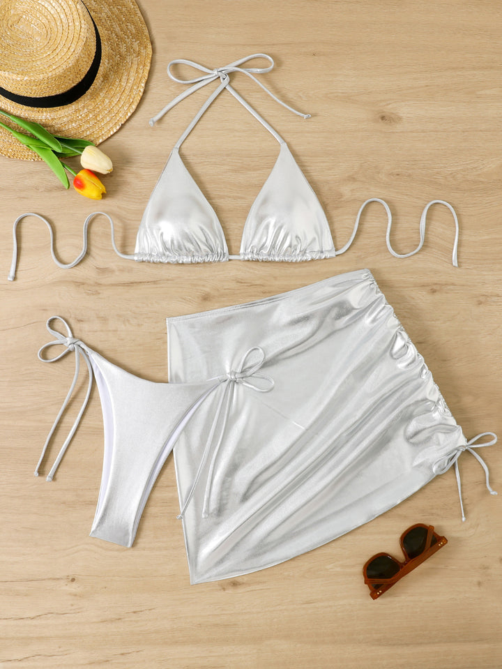 Damen schimmerndes Triangel-Bikini mit Wickelrock Drune