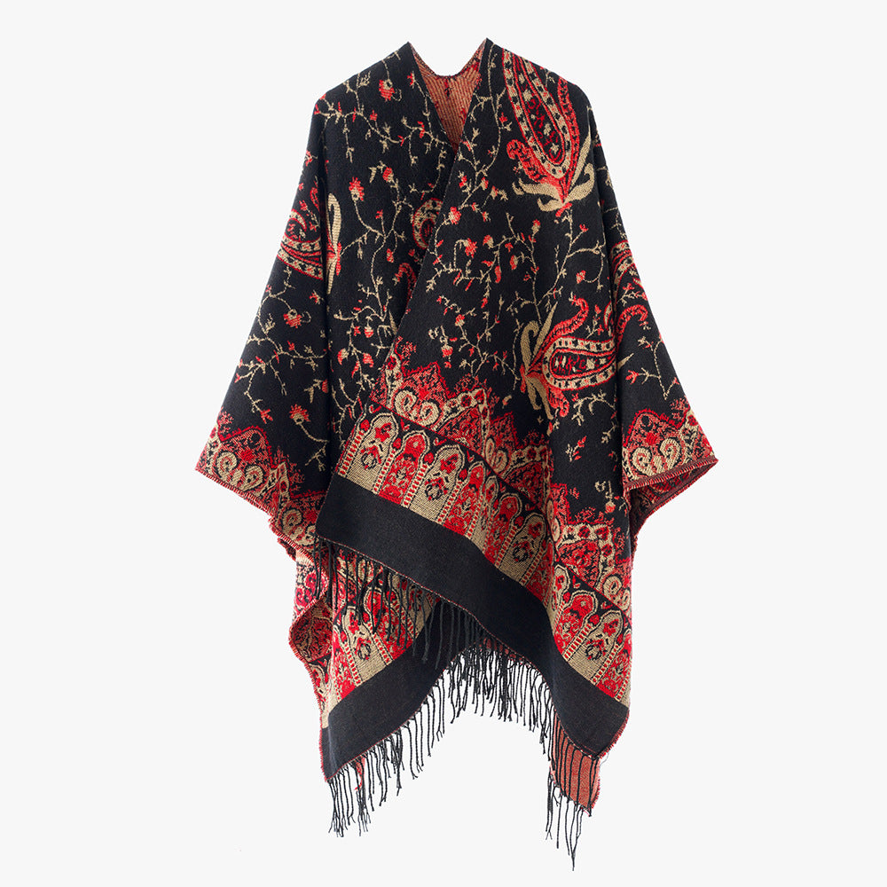 Damen Jacquard Überwurfcape aus feinem Strick mit Paisley-Bordüre Drune
